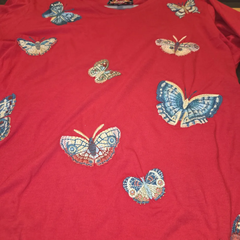 Johnny Was Red Blouse with Blue Butterfly Embroidery - Picture 7 of 11